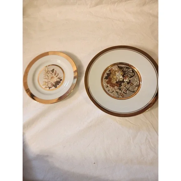 The Art Of Chokin 24 Kt Gold Edge Plate Set Of 2‎ Flowers EUC