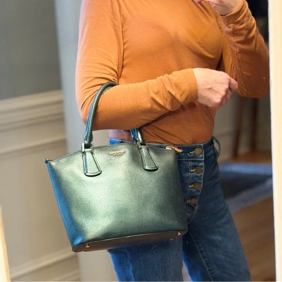 Kate Spade Minimalist Deep Evergreen Metallic Leather Sylvia Small satchel (EUC)