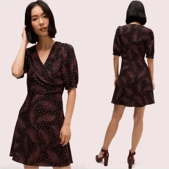 Kate Spade Meadow Wrap Mini Dress Floral Black Pink V-Neck Crepe 00