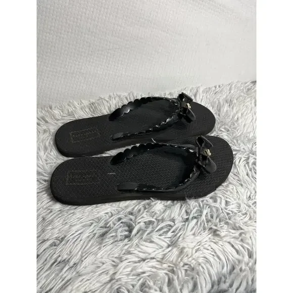 Kate Spade Denise Flip Flop Women's US 8 Gold Charm Bow Shoes Black