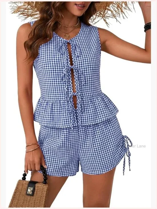Sleeveless Babydoll Top and Shorts Set Cotton Blend Checkered Matching Outfit