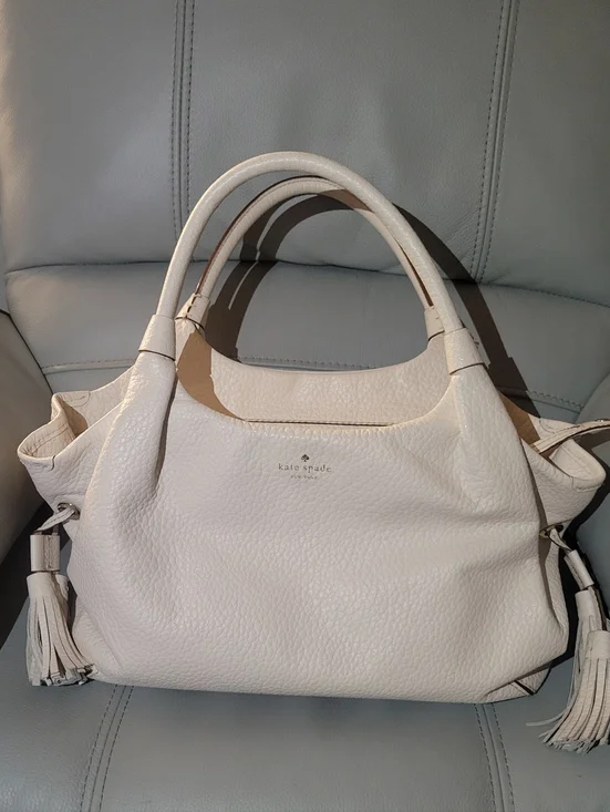 Kate Spade New York Clotted Cream Pebbled Tassel Polka Dot Gold Handbag - Read