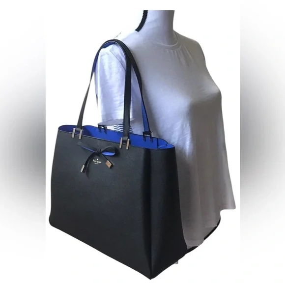 Kate Spade New York Black Blue Two-Tone Tote with Bow Detail