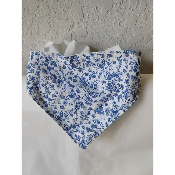 Handmade Blue White Floral Dog Bandana Elastic Scrunchie Neck Pet Accessory