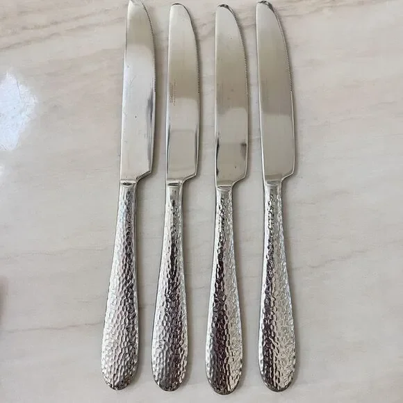 4pc CAMBRIDGE Rendezvous Stainless Dinner Knife 9 in Flatware Hammered Round Tip