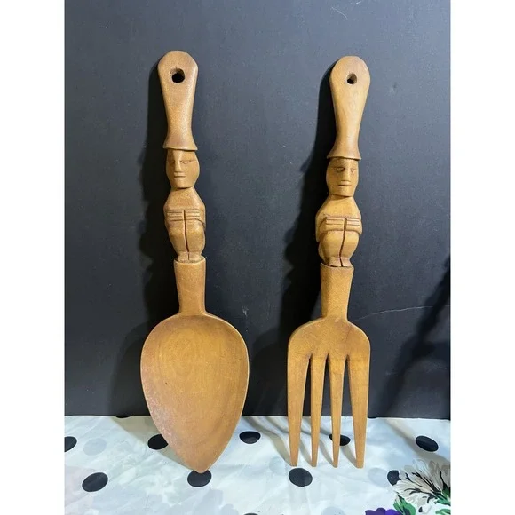 Wood Salad Fork & Spoon Mid‎ Century Tribal Hand Carved Decor 12