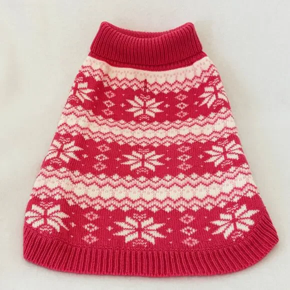 Dog Sweater Size Medium Pink White Knit Snowflake Fair Isle Winter Christmas