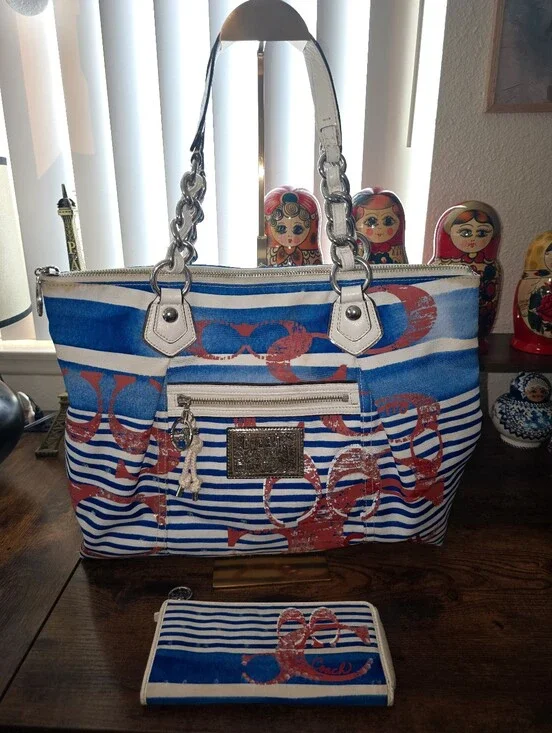 Coach Poppy Nautical Stripe Tote and Matching Wallet Set