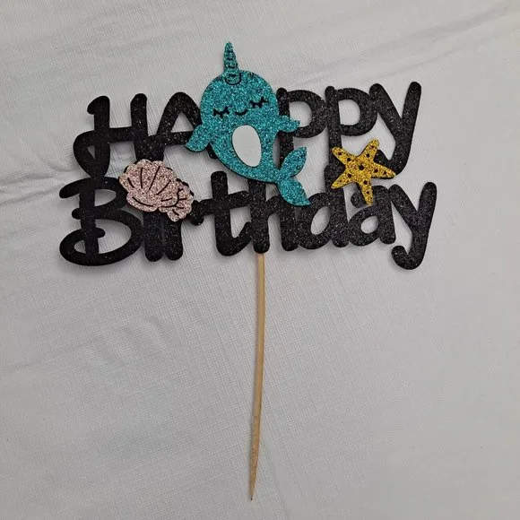Narwhal Happy Birthday Cake Topper Glitter Black Blue Gold