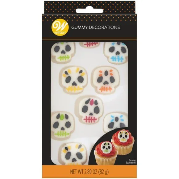 Wilton Halloween Gummy Skull Skeleton 10 pc Icing Cupcake Top Decorations Baking