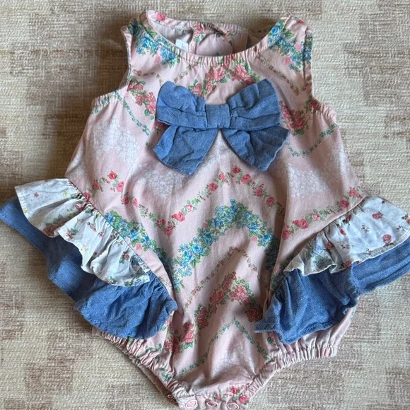 Bonnie Baby Pink and Blue Floral Ruffled Romper size 3-6M