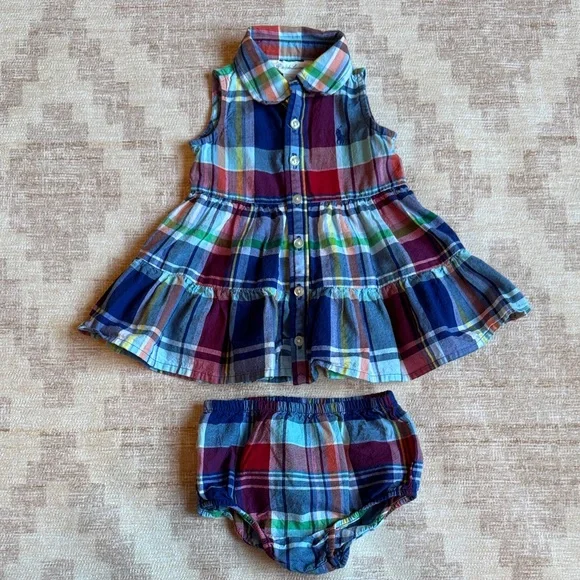 Ralph Lauren Multicolor Madras Plaid Shirt Dress and Bloomer Set Baby size 3M