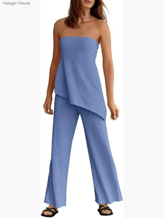 2 Piece Lounge Set Tube Top Wide Leg Pants Knit Travel Matching Sets