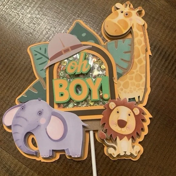 Oh Boy Jungle Safari Shaker 3D Baby Cake Topper - Blue & Green
