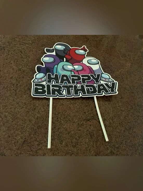 Among Us Style Happy Birthday Cake Topper - Multicolor