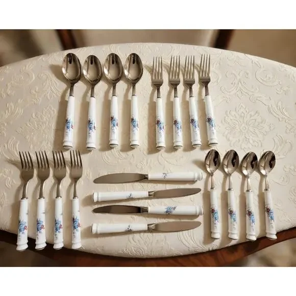 Vintage Noritake Bleufleur Flatware Set - 20pc Stainless Porcelain Japan Floral