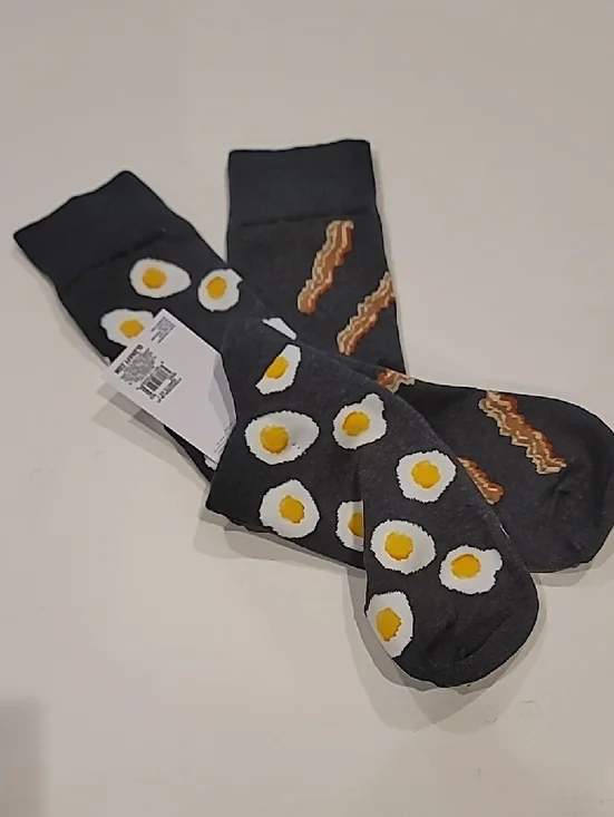 Old Navy Novelty Dark Gray Crew Socks with Egg & Bacon Motifs