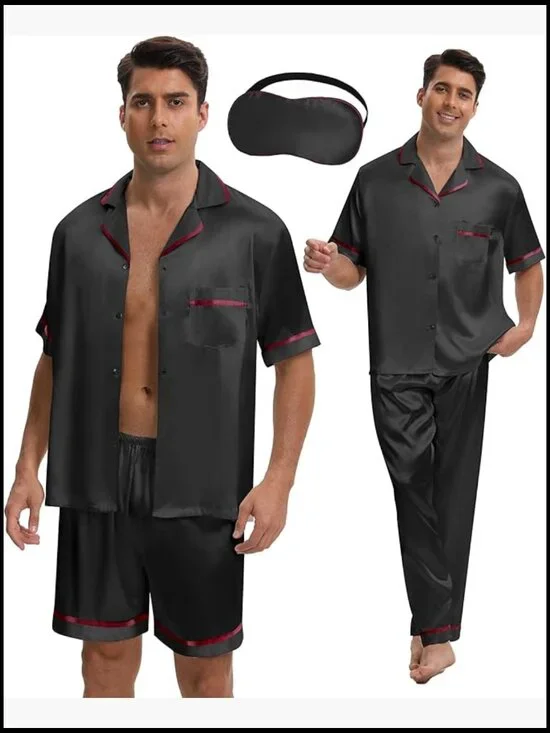 Men's Silk Pajama Set with Short Sleeve Button Down Top and Sleep Mask