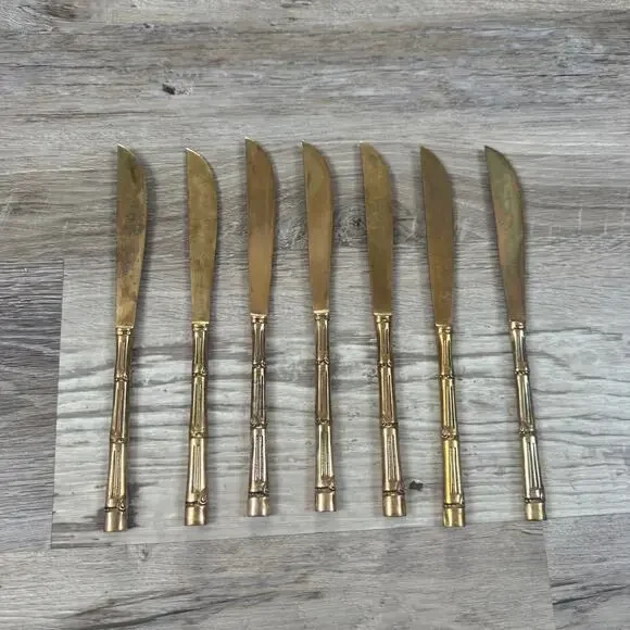 Vintage Gold Bamboo Handle Steak Knives Set 7 Flatware Retro Dining