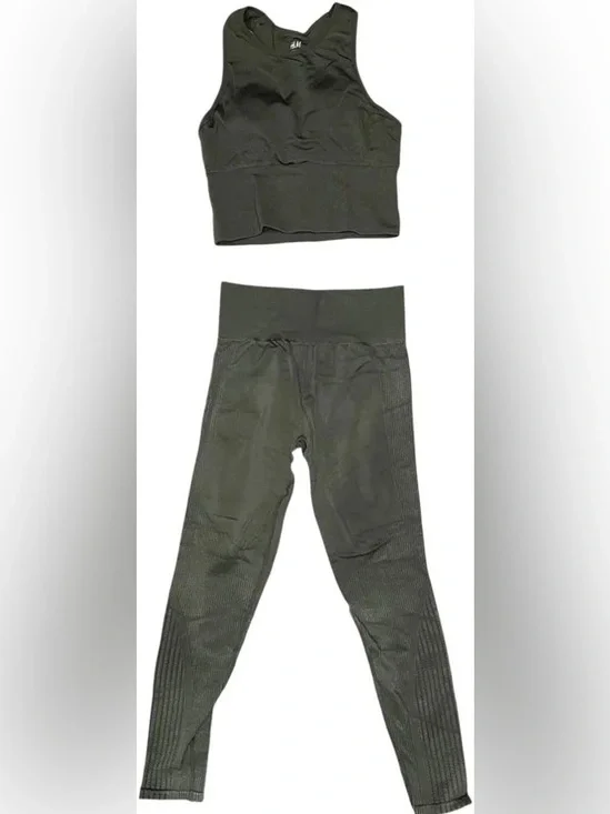 H&M Olive Green Ribbed High-Waisted Seamless Activewear Set Matching Set