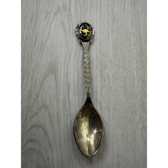 Australia Kangaroo Souvenir Spoon Crushed Opal Inlay Silver Tone VTG