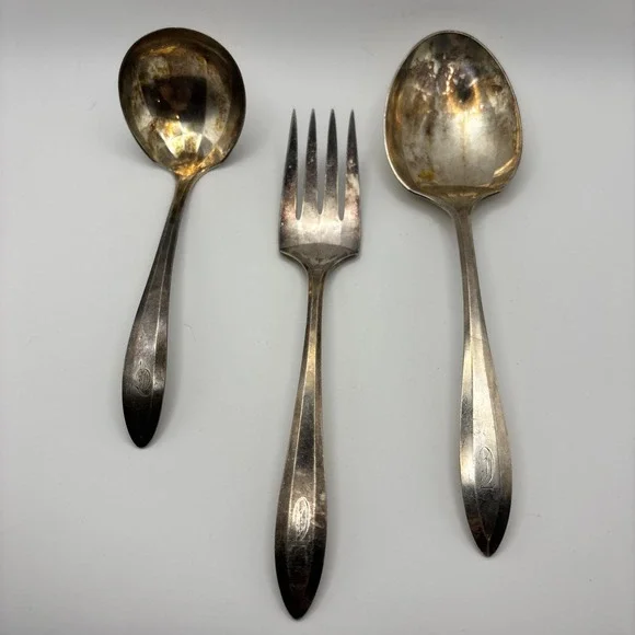 Vtg Oneida Community Silverplate Serving 3 Pc Set Ladle Spoon‎ Fork Monogram