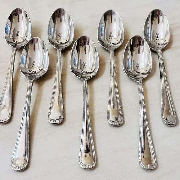 7pc WALLACE Newcastle Teaspoon 6 1/4” Stainless Glossy Bead Outline Round Tip