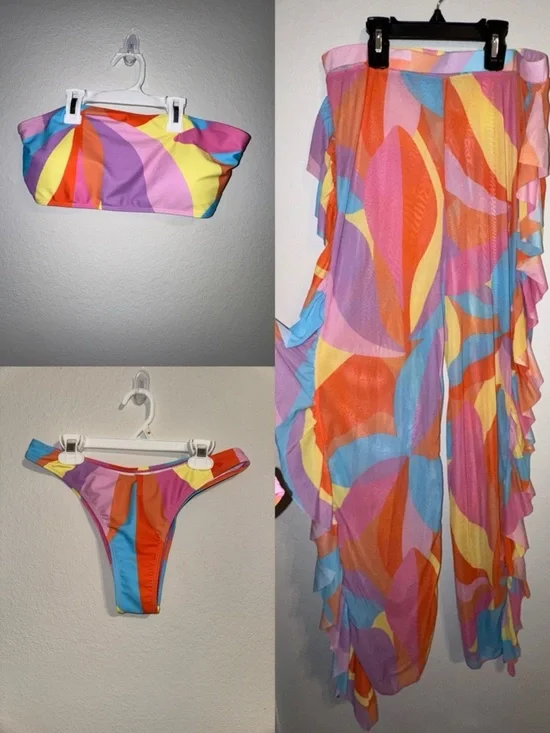 Multicolor Abstract Print Bandeau Bikini Set with Matching Cover-Up​