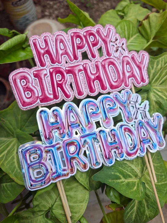 Happy Birthday Cake Topper Picks - Pink & Iridescent