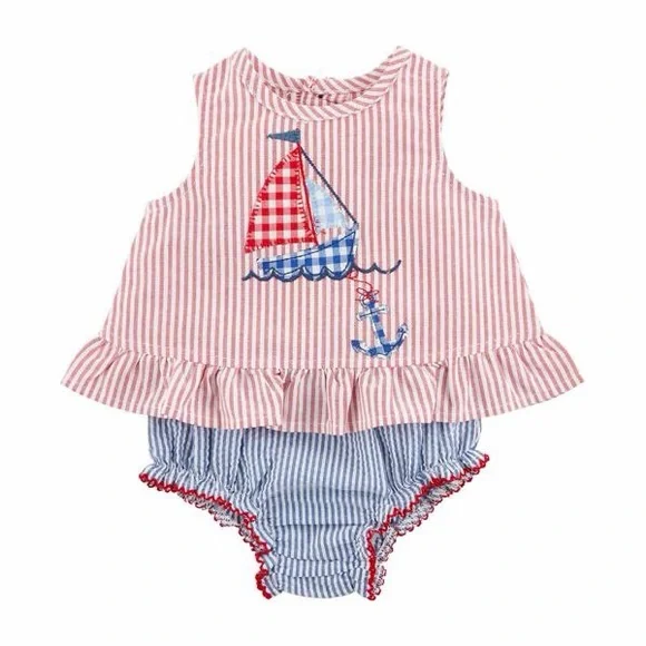 Mud Pie Sailboat Baby Girl Pinafore Set Size 9-12 Months 4th of July Outfit