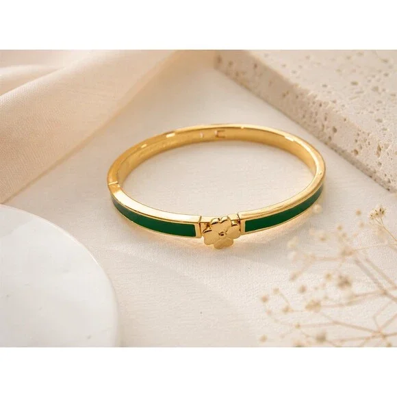 Kate Spade Hinged Bangle Bracelet Green Enamel Spade Flower Stackable feminine