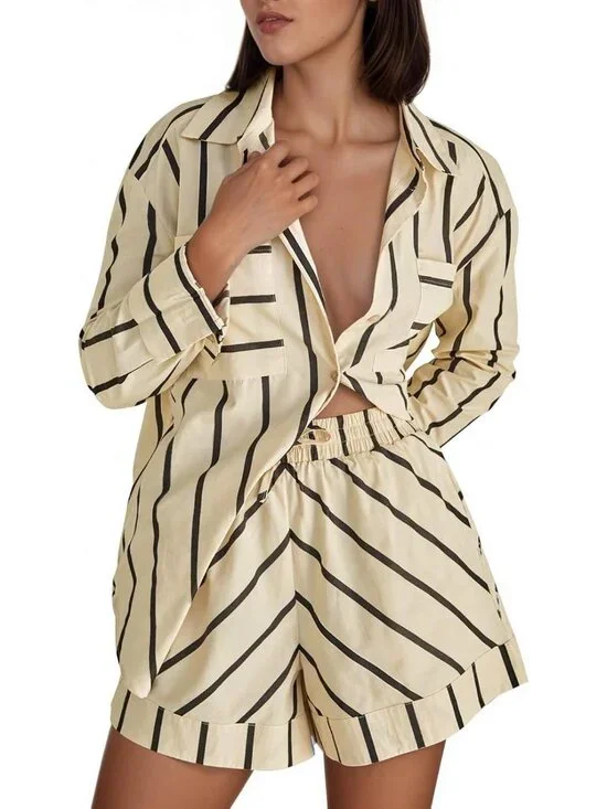 Womens Striped 2 Piece Outfits Button Down Shirts and Shorts Lounge Matching Set