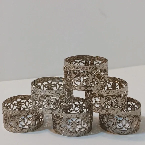 Vintage Kemp and Beatley Fleur Delis Filigree Napkin Ring Set of 6 L@@K!