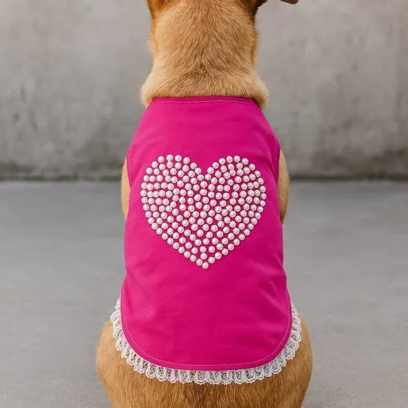Luxury Pink Pearl Heart Dog Dress Dog Outfit with Lace Trim Cute Pet Clothe M