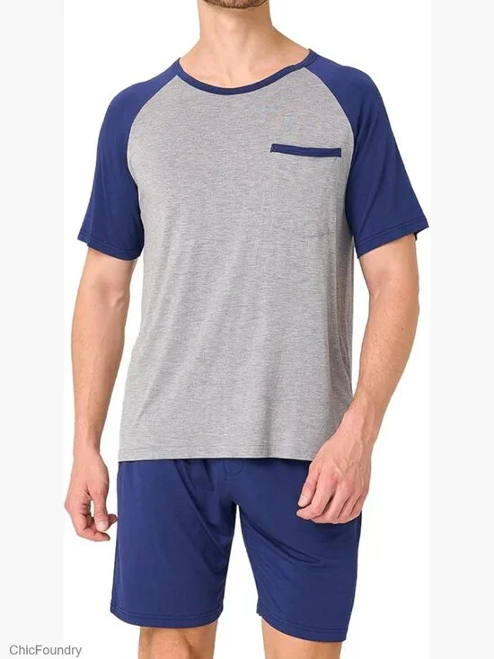 Mens Pajama Set Short Sleeve Sleepwear Lightweight Loungewear with Pockets