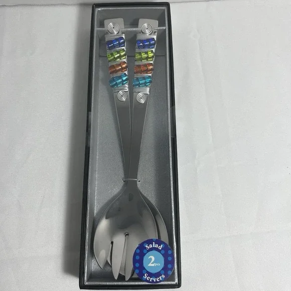 Wild Eye Designs 2 Piece Salad Server Set Colorful Wire Spiral Glass Beads NIB‎