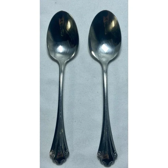 2 ONEIDA FALKIRK Cutlery Table Soup Spoons Vintage Scrolled Handles