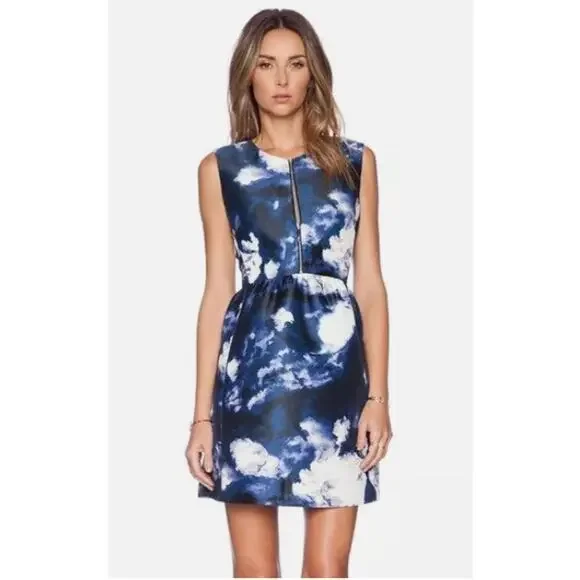 Kate Spade‎ Joss Dress Clouds Print Zip Front Fit and Flare Blue White Mini 12