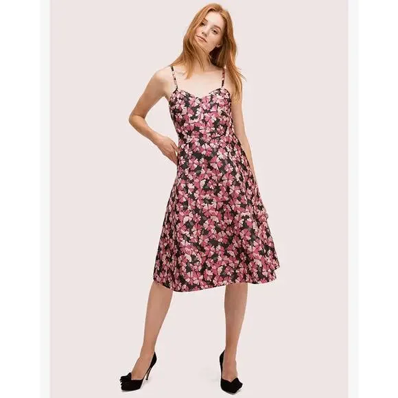 Kate Spade Black + Pink Wallflower Flower Jacquard Metallic Midi Dress - Size 2