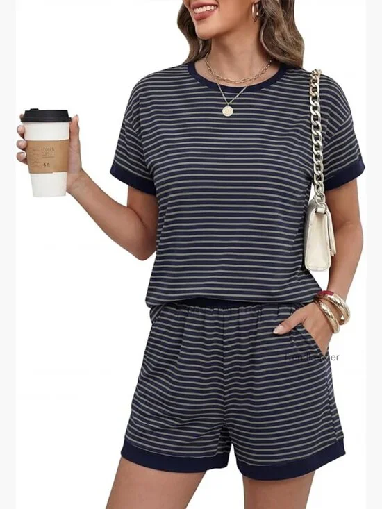 Women's 2 Piece Lounge Set Short Sleeve Matching Set Soft Shorts with Pockets