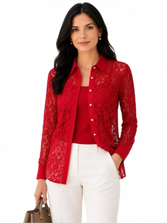 J. Crew Red Lace Button-Front Blouse with Matching Camisole Set.