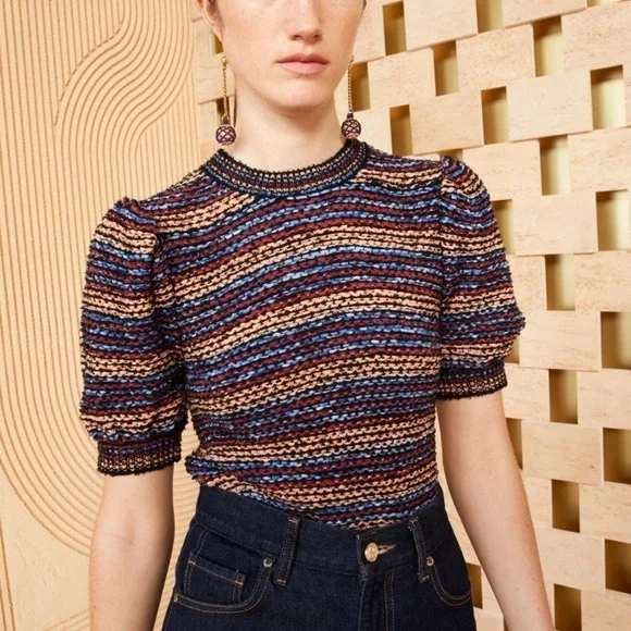 Ulla Johnson-SET Multicolored Stripe Shortsleeve Top and Matching Fringe Skirt