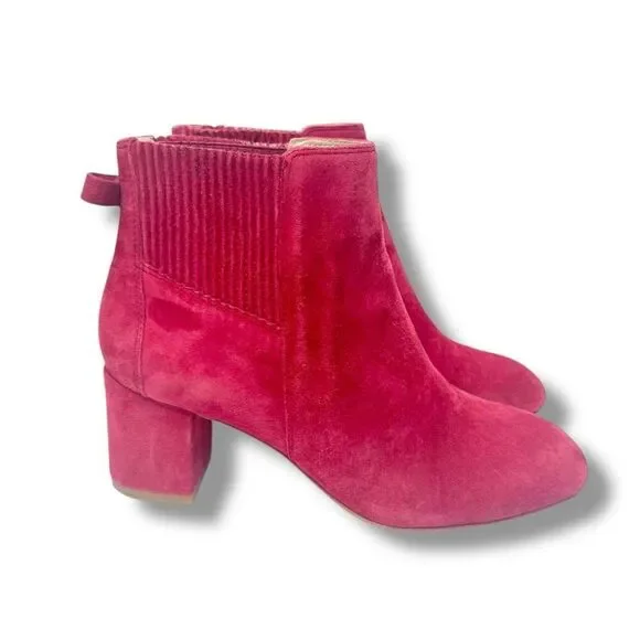 Kate Spade Lorene Light Ruby Red Suede Block Heel Ankle Boots Bow Gold Logo 7.5M