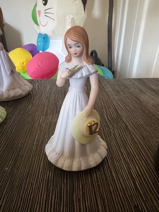 White Porcelain Cake Topper Girl Figurine with Pale Yellow Hat