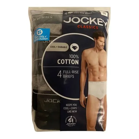 Jockey Classics Men's Size 38 Stay Cool Cotton Full Rise Briefs Pack of 4 NWT