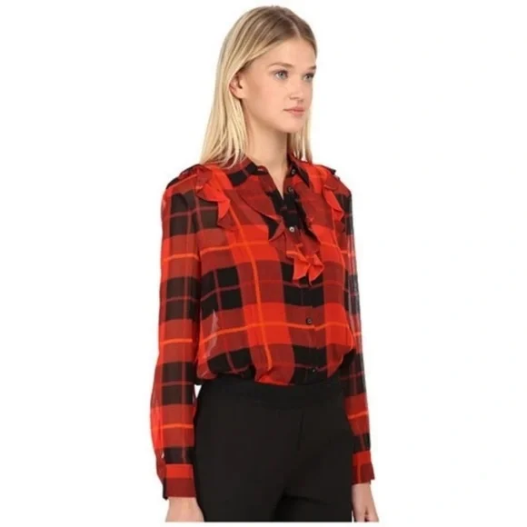 Kate Spade red black woodland plaid chiffon button up down blouse 6