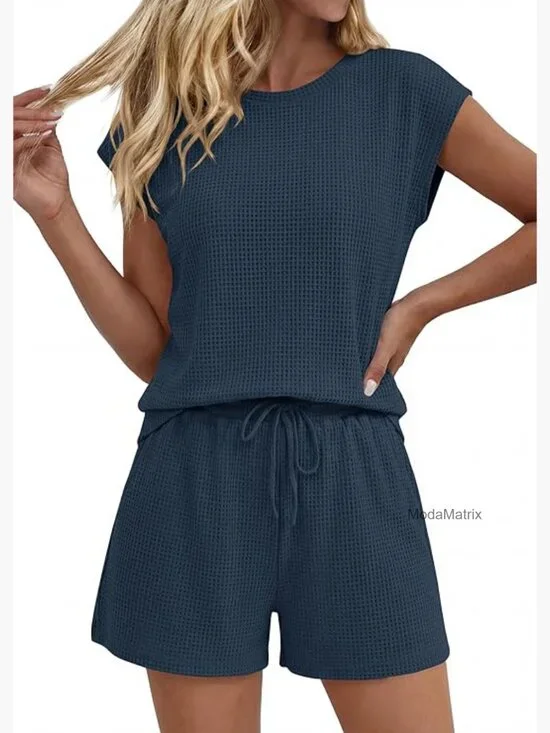 Waffle Knit Cap Sleeve Short Set Lounge Matching Vacation Outfit