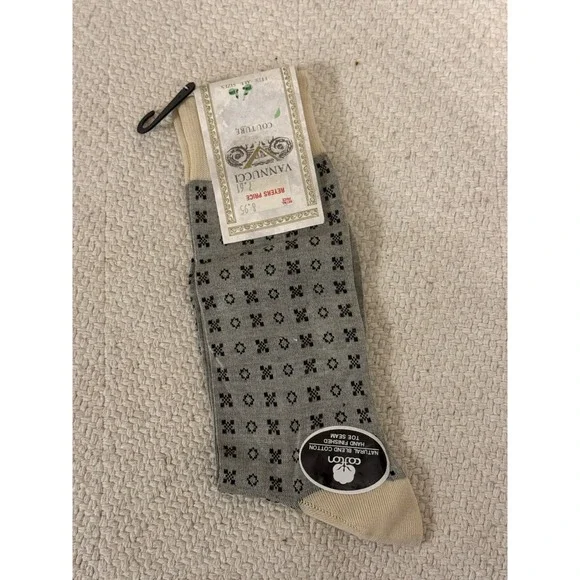 Vannucci Men's Cotton Blend Dress‎ Socks XO Pattern Grey Beige One Size
