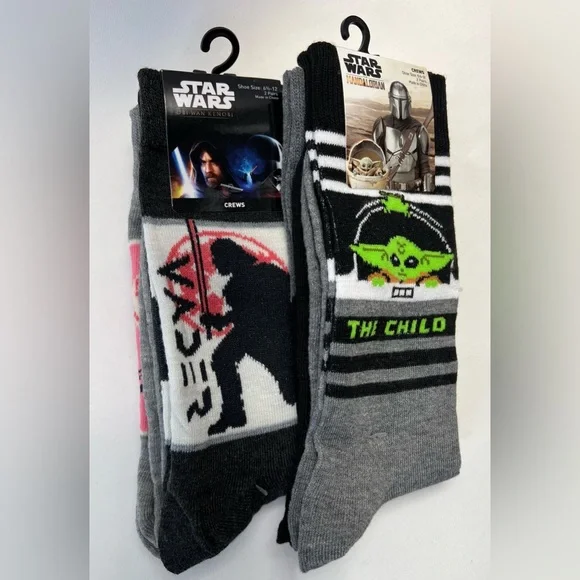 2 Packs Star Wars Mandalorian & Obi-Wan Kenobi Crew Socks Men’s Size:6.5 - 12