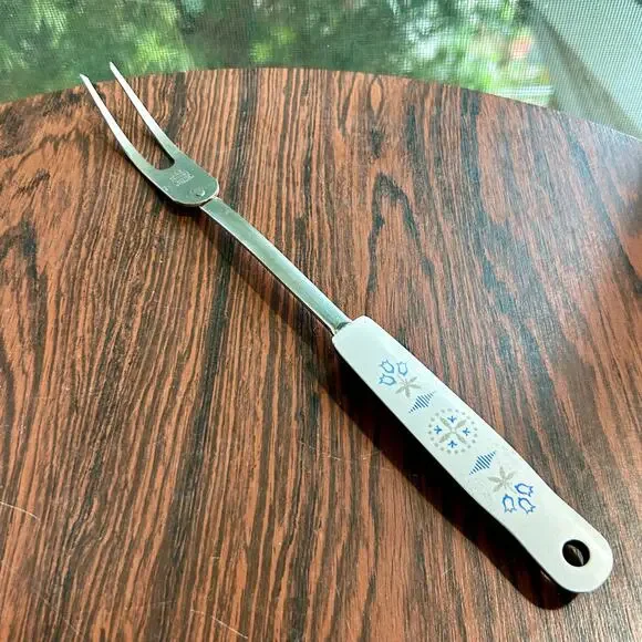 Vintage EKCO Carving Fork – White & Black Handle with Blue Folk Art Design